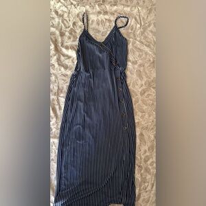 Navy Striped Midi Dress with Button Detail